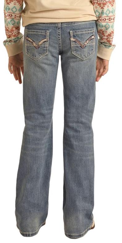 ROCK & ROLL GIRL'S COWHIDE EMBROIDERY MID RISE BOOTCUT JEANS - MEDIUM VINTAGE