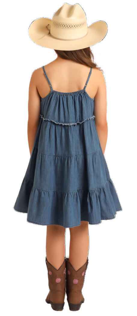 GIRL'S ROCK AND ROLL SPAGHETTI STRAP TIERED DENIM DRESS