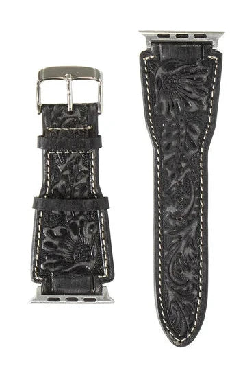 NOCONA MEN'S FLORAL TOOLED LEATHER iWATCH BAND in BLACK FREDERICKSBURG