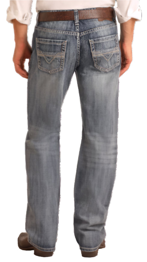 ROCK ROLL MEN'S DOUBLE BARREL RELAXED MID WASH BOOTCUT JEANS