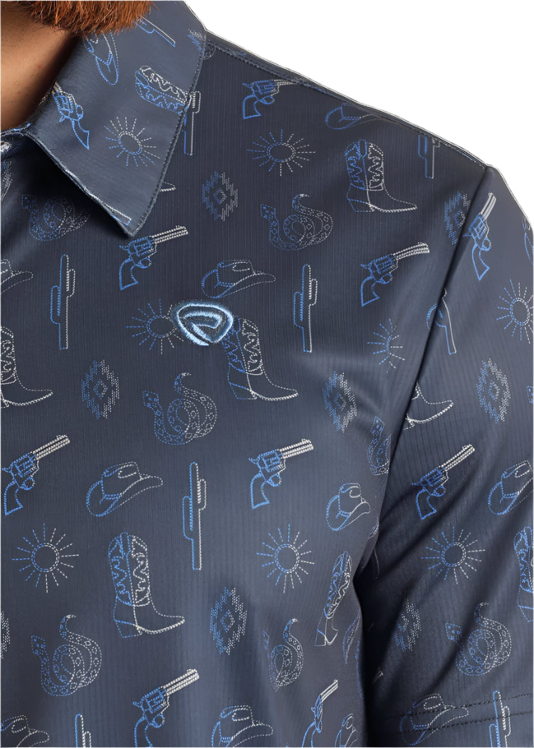 ROCK & ROLL MEN'S COWBOY STITCH PRINTED POLO in NAVY