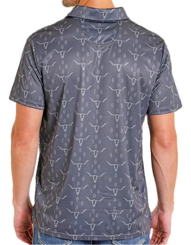 ROCK & ROLL DENIM GREY AZTEC STEER PRINT POLO