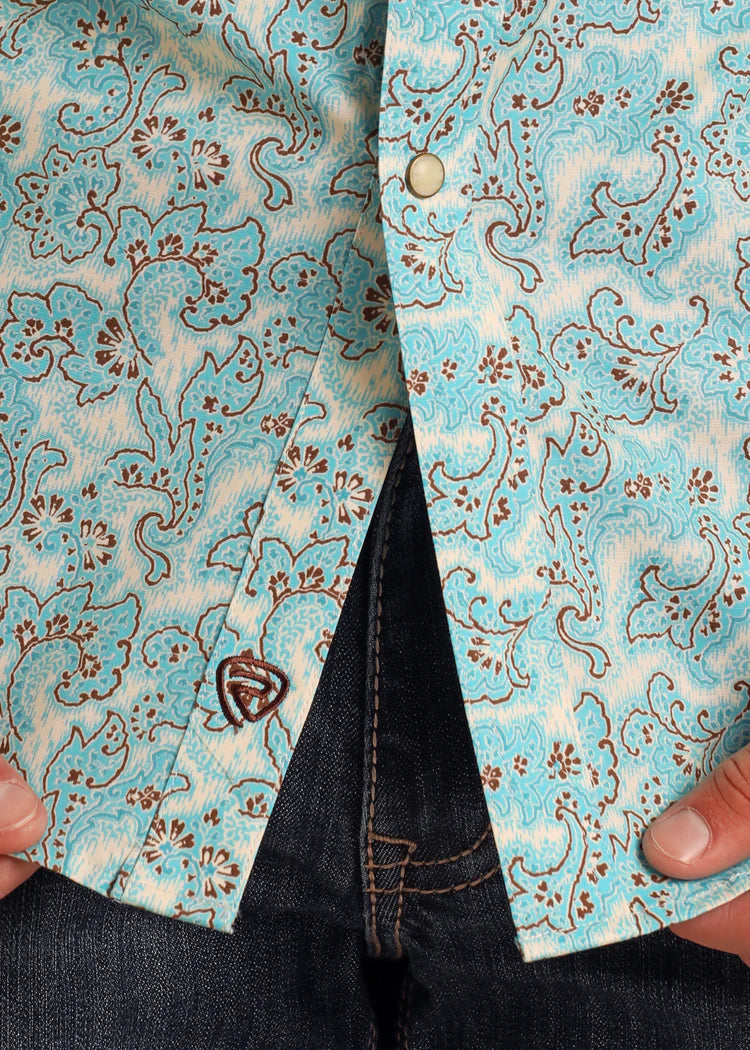 MEN'S ROCK AND ROLL DENIM TURQUOISE PAISLEY BUTTON DOWN SHIRT
