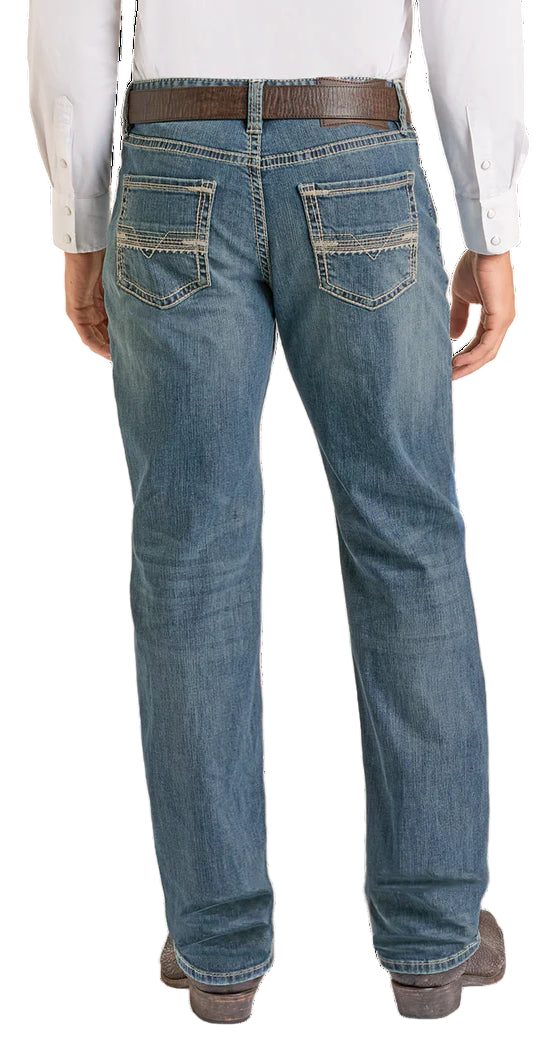 MEN'S ROCK AND ROLL DENIM RELAXED FIT LADDER V STACKABLE BOOTCUT JEANS