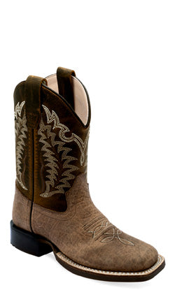OLD WEST BOY'S DARK BROWN TOP /TAN BULLHIDE VAMP COWBOY BOOTS