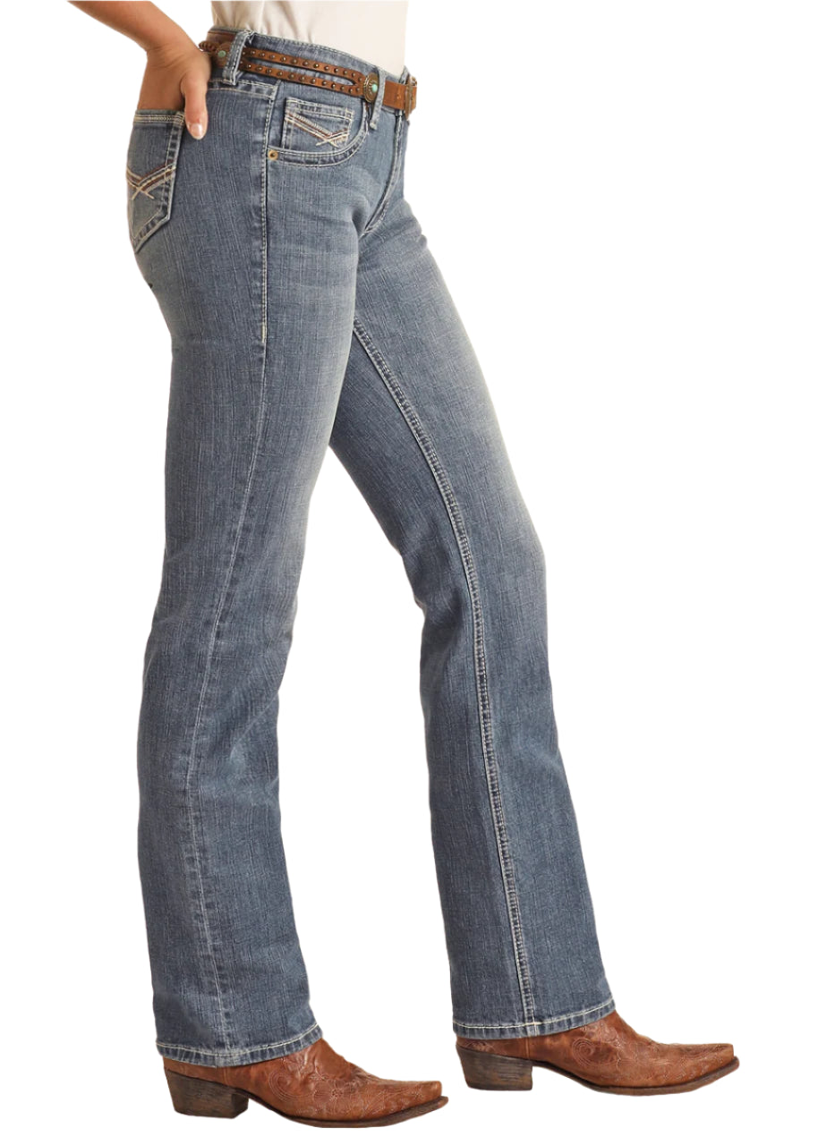 ROCK AND ROLL PETAL STITCH EMBROIDERED MODEST BOOTCUT JEANS