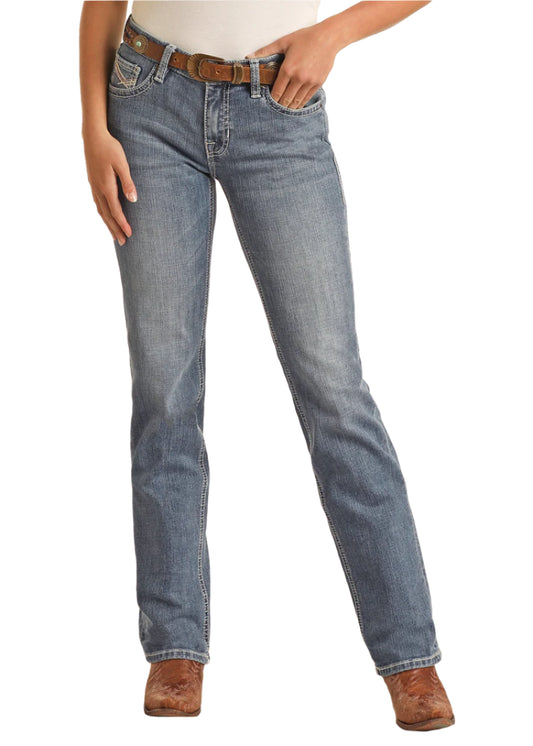 ROCK AND ROLL PETAL STITCH EMBROIDERED MODEST BOOTCUT JEANS