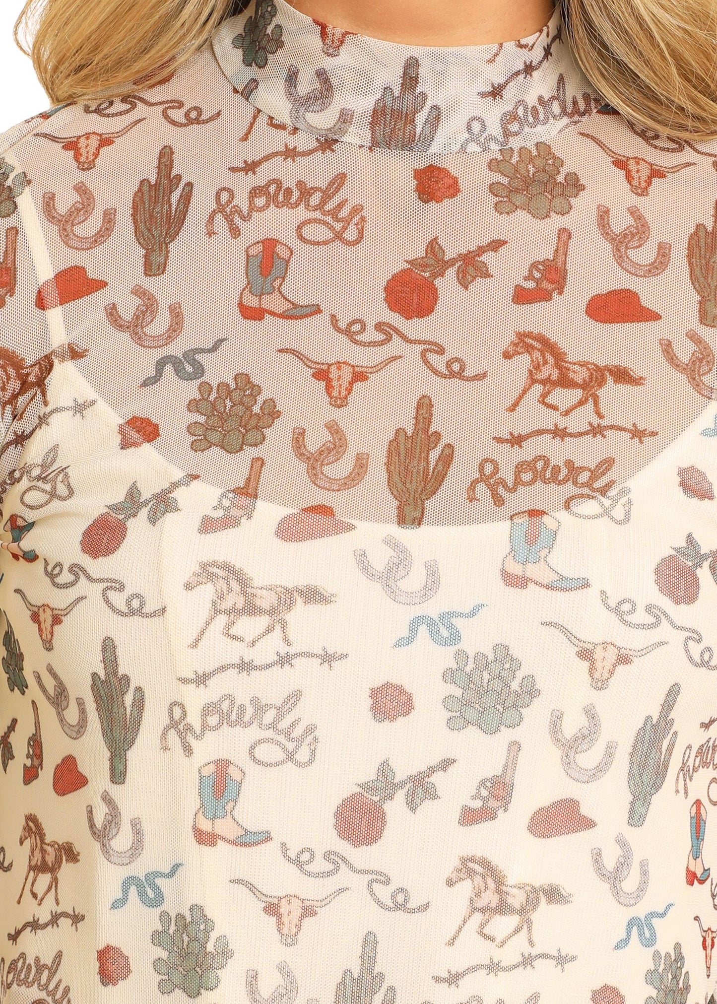 LADIES ROCK & ROLL WILD WEST PRINT MOCK NECK MESH TOP