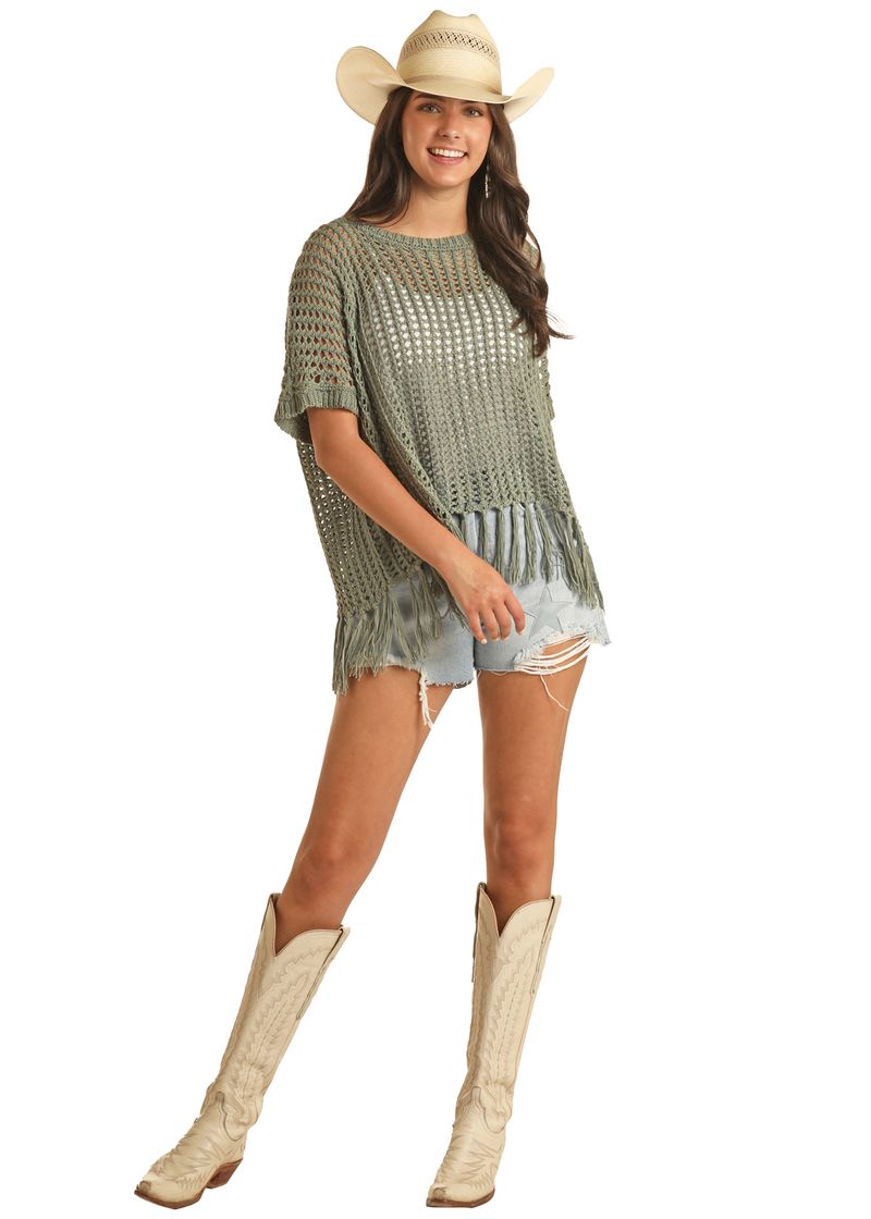 ROCK & ROLL COWGIRL WOMEN'S KNITTED BOX TOP WITH FRINGE