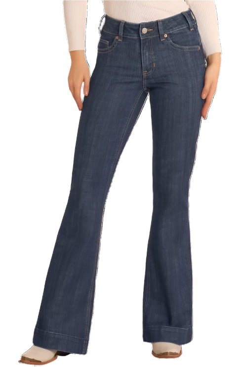 ROCK AND ROLL DENIM LADIES DIAMOND BELT LOOP BOOT STITCH MR TROUSER / DARK WASH