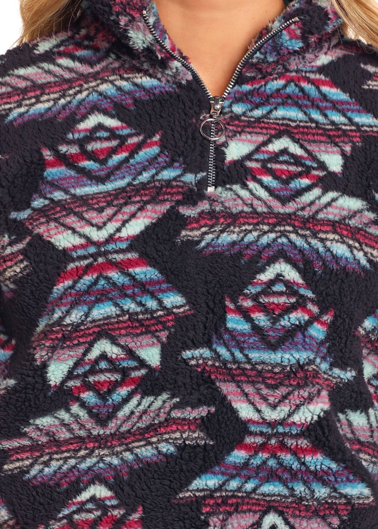Rock & Roll Women's Vibrant Aztec Sherpa Pullover - BLACK