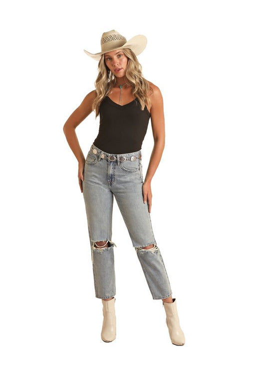 ROCK & ROLL DENIM LADIES HIGH RISE CROPPED LIGHT WASH JEANS