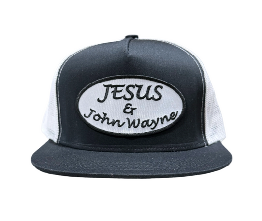 "JESUS & JOHN WAYNE" PATCH CAP in BLACK w/WHITE MESH SNAPBACK