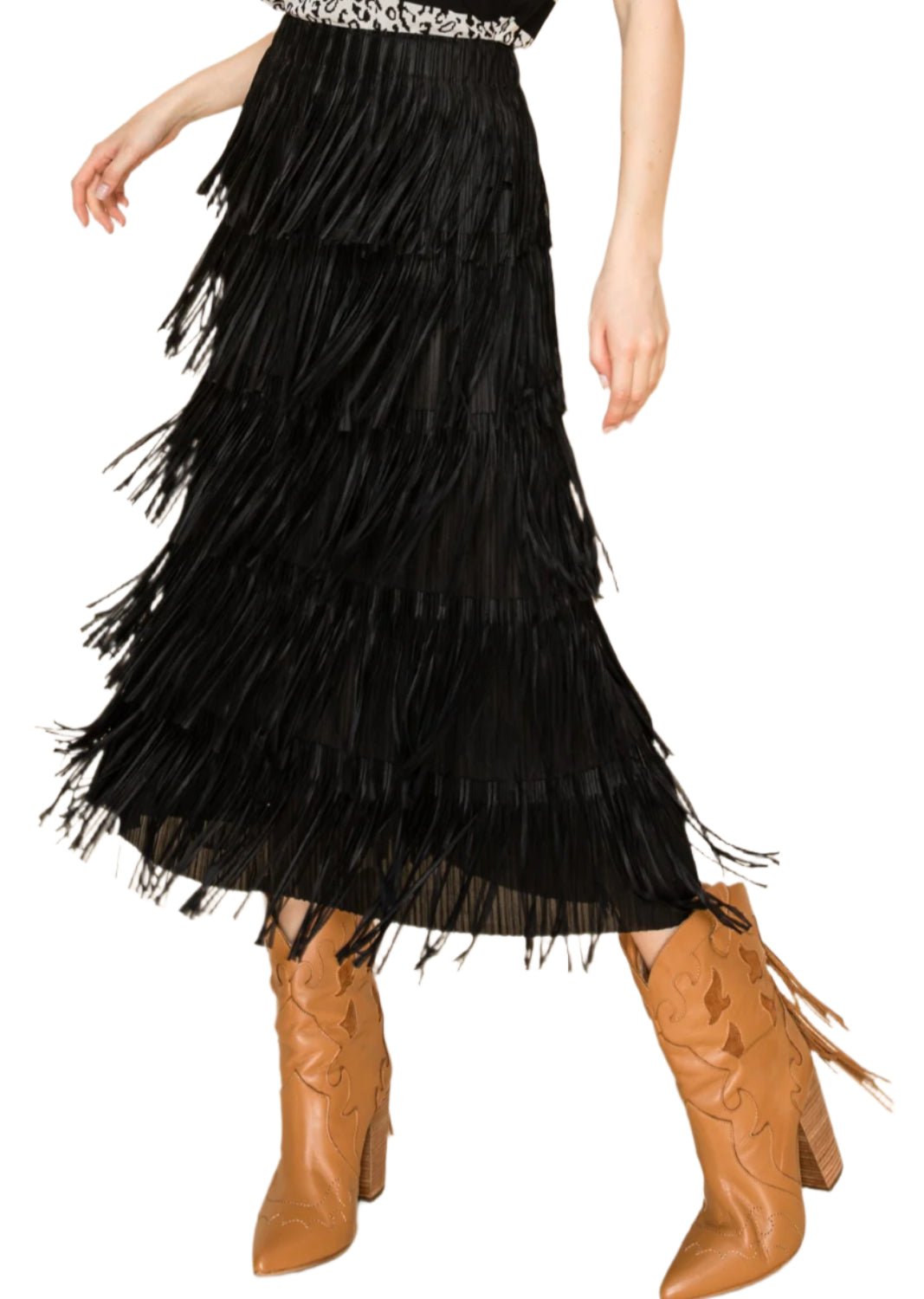W.A.Y. POLY FRINGE CHACHA SKIRT in BLACK