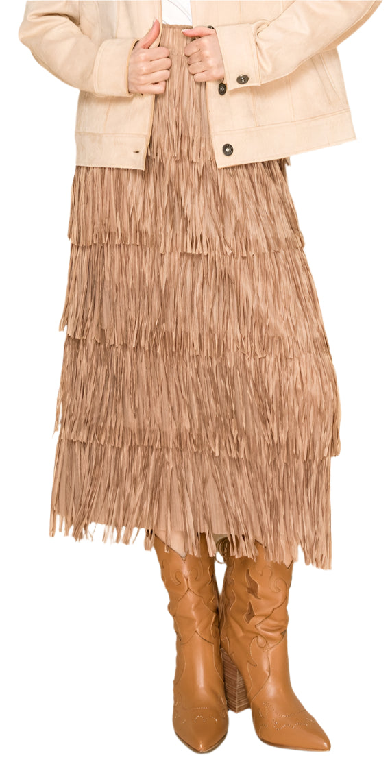 W.A.Y. POLY FRINGE CHACHA SKIRT in BROWN