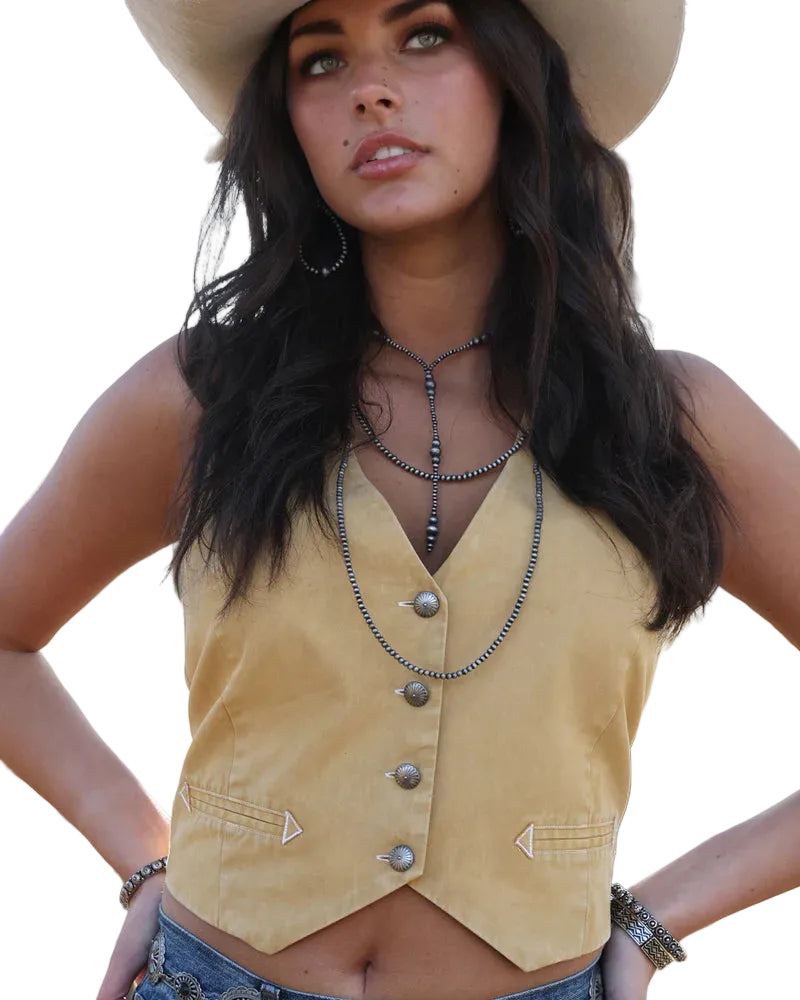 CRUEL GIRL COTTON TWILL CROP VEST in GOLDEN YELLOW