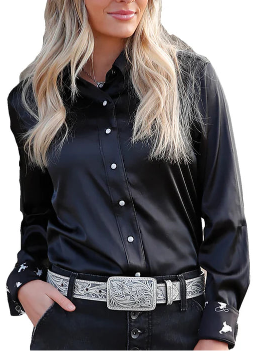 CRUEL GIRL WESTERN LONG SLEEVE BLACK SATIN SHIRT