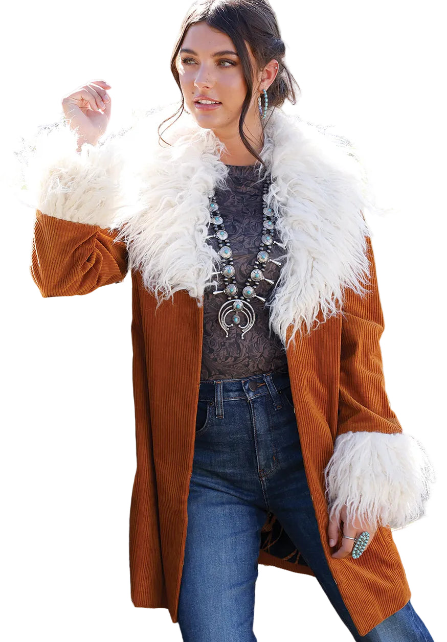 CRUEL WOMEN'S CORDUROY COAT W/ FUR TRIM - BROWN