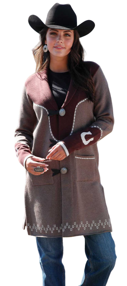 CRUEL DENIM WOMEN'S KNIT DUSTER IN GREY/BURGUNDY