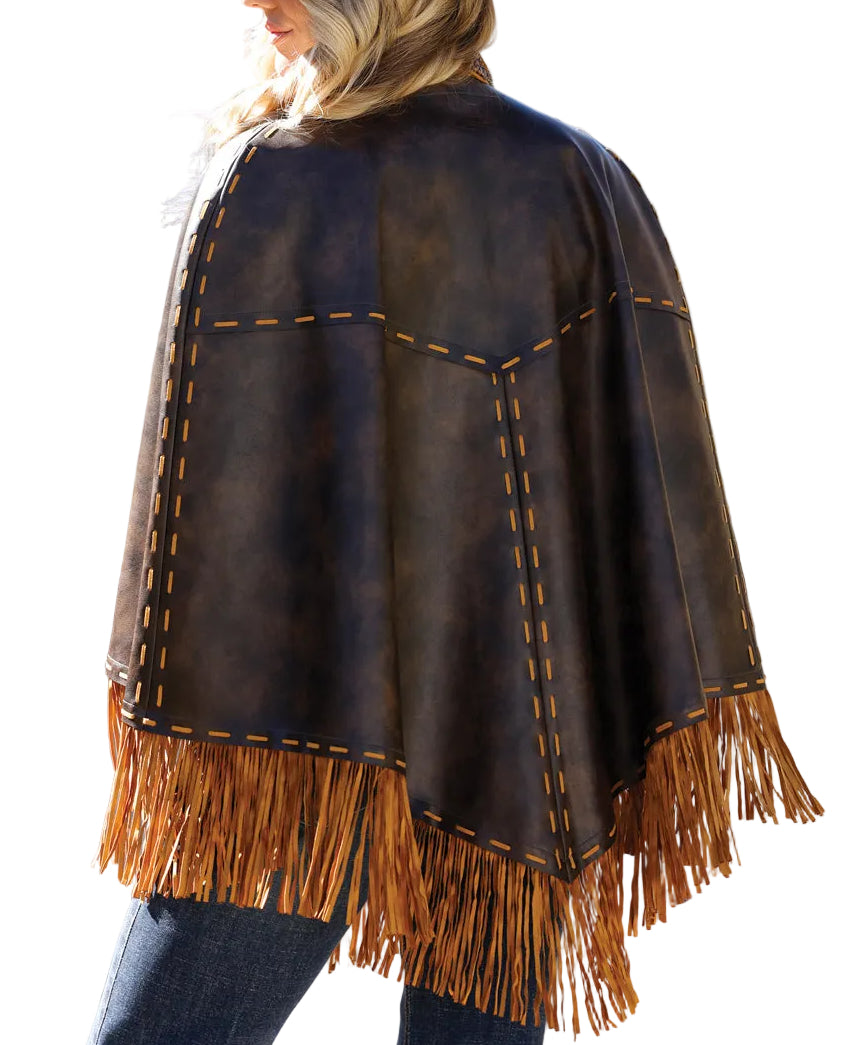 CRUEL WOMEN'S FAUX LEATHER CAPE W/FRINGE