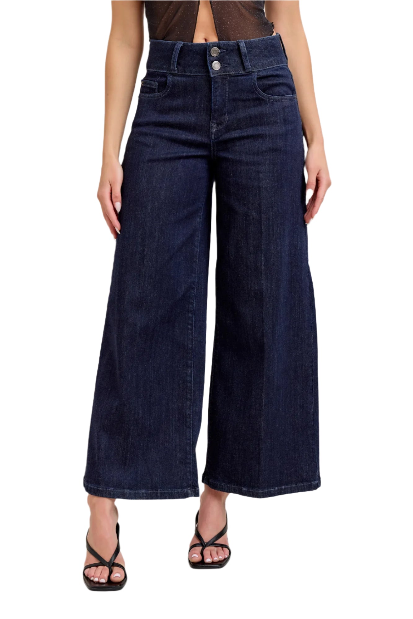 DISCLOSED 2 BUTTON WIDE LEG CROP JEANS DARK WASH