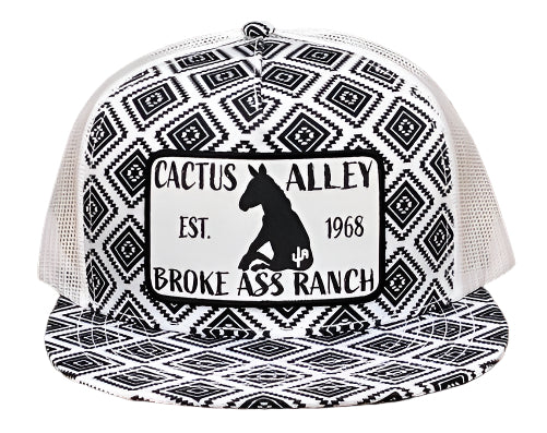 "BROKE ASS RANCH" DONKEY PATCH CAP in WHITE W/BLACK AZTEC SNAPBACK