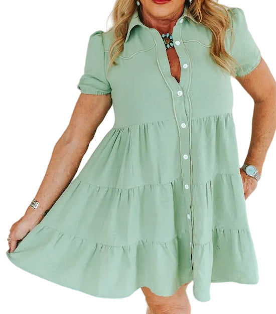 PISTACHIO PUFF SLEEVE WESTERN RUFFLE TIERED DRESS