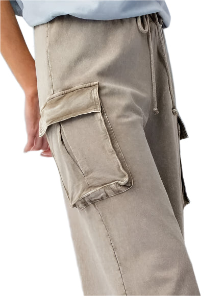 LADIES MINERAL WASHED TERRY KNIT CARGO PANTS - OLIVE GREY