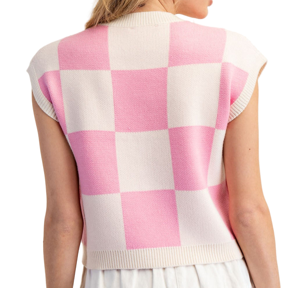 COLOR BLOCK SLEEVELESS SWEATER TOP in BUBBLE PINK