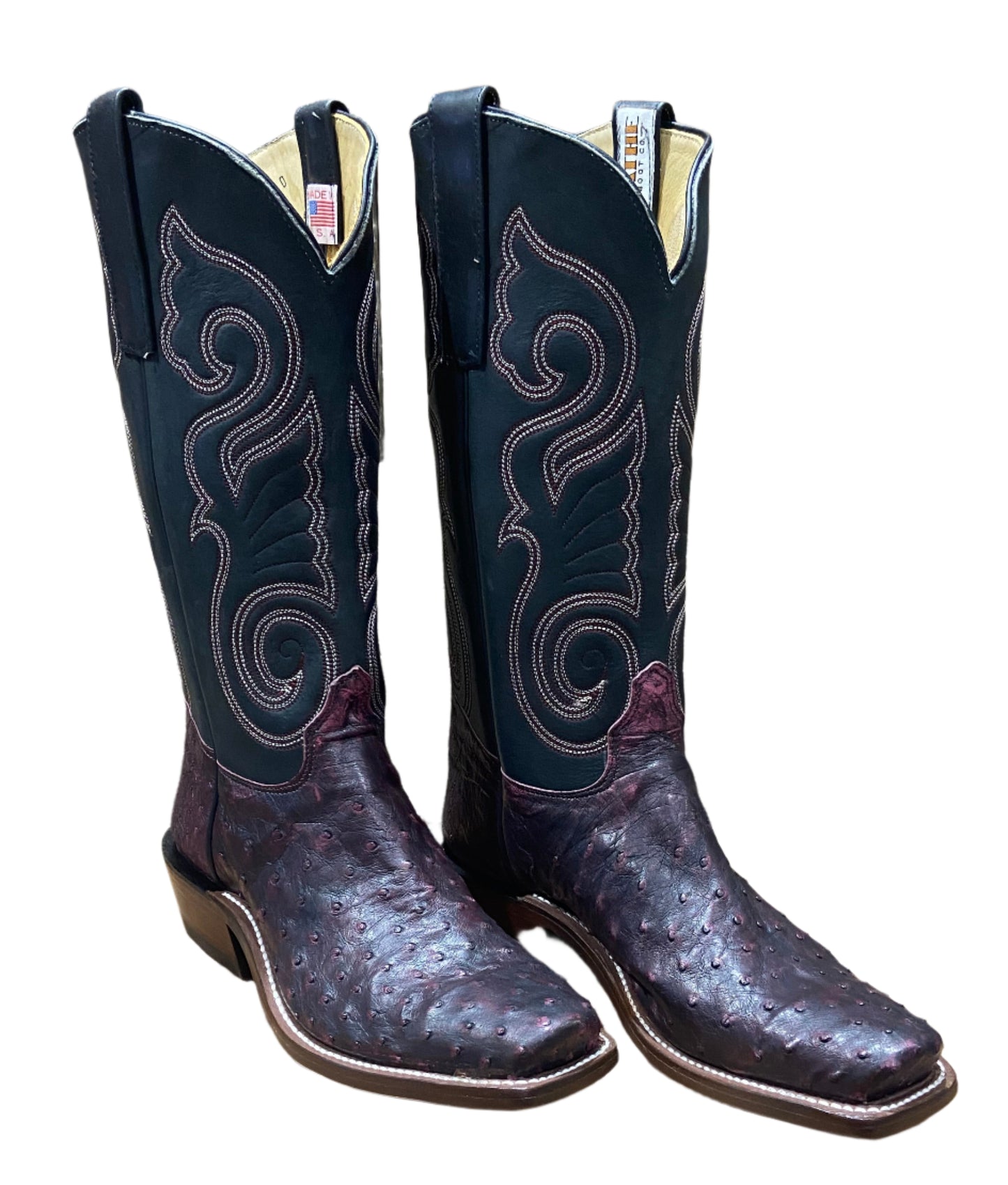 MENS BLACK CHERRY FULL QUILL OSTRICH OLATHE BOOTS