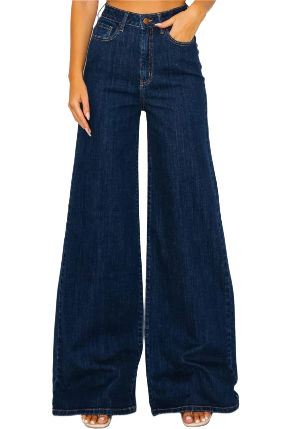 HIGH RISE DARK WASH WIDE LEG FLARE JEANS
