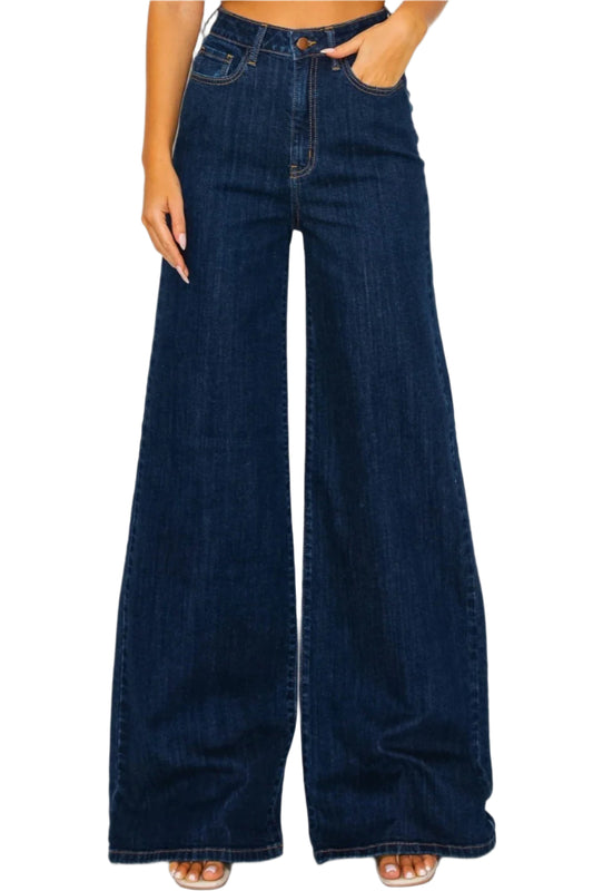 HIGH RISE DARK WASH WIDE LEG FLARE JEANS