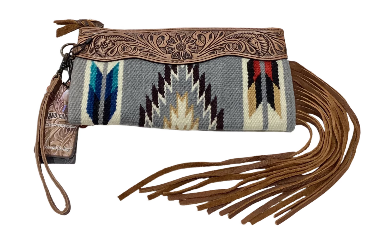 AMERICAN DARLING AZTEC & TOOLED LEATHER CLUTCH WITH FRINGE - GREY/ YELLOW