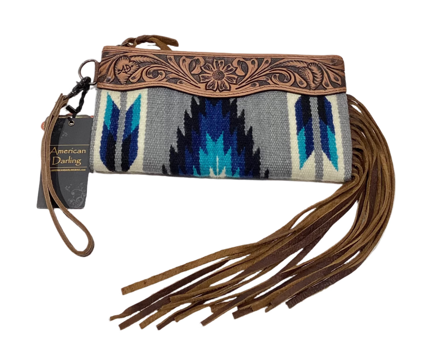 AMERICAN DARLING AZTEC & TOOLED LEATHER CLUTCH WITH FRINGE - GREY