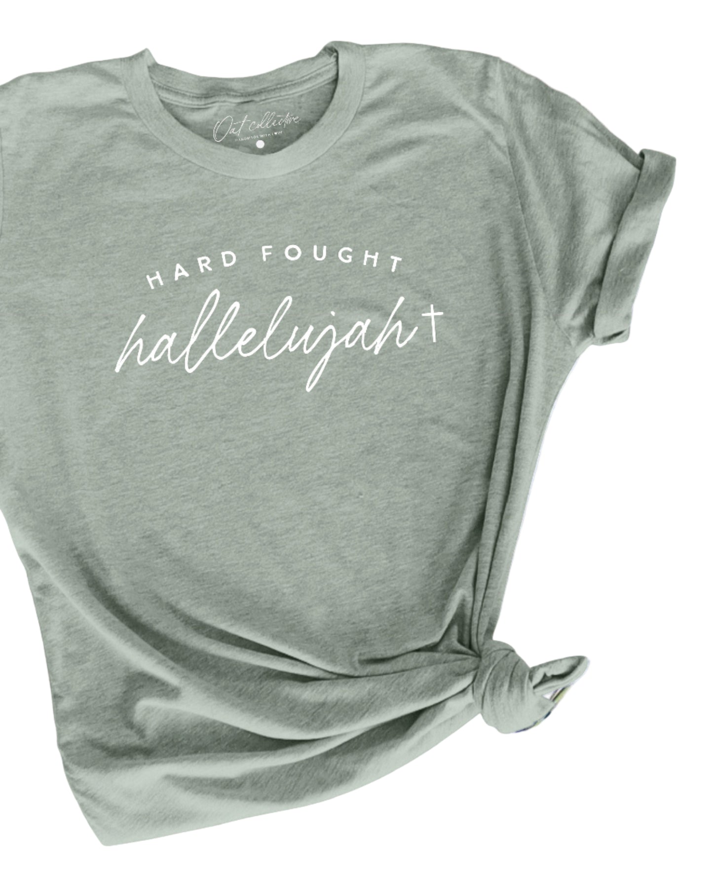 "HARD FOUGHT HALLELUJAH" GRAPHIC T-SHIRT in HEATHER SAGE