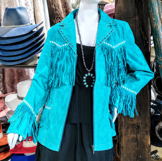 CRIPPLE CREEK LADIES STUD AND HAND LACED FRINGE JACKET in TURQUOISE