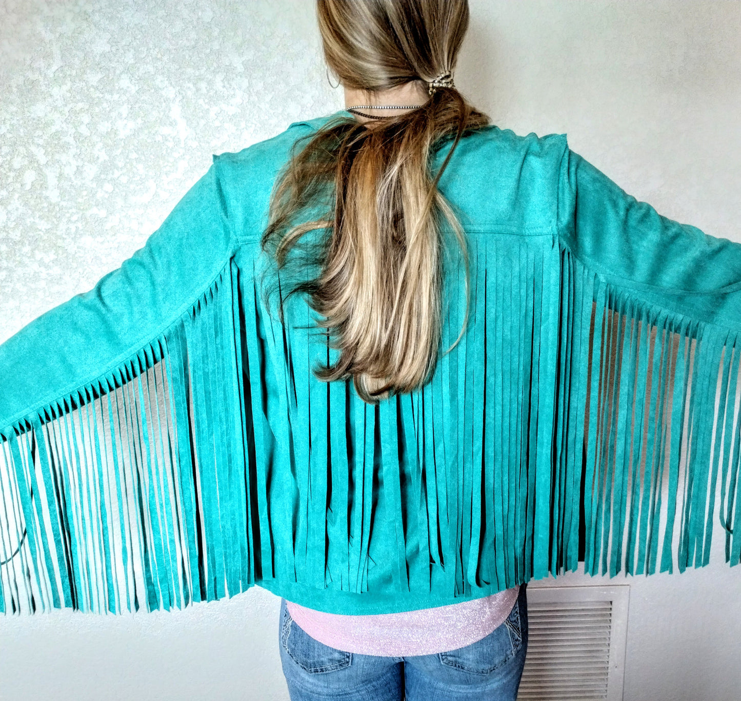 W.A.Y. SUEDE FRINGE JACKET in AQUA