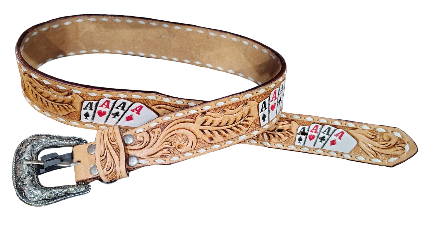WESTERN 1 3/4" TAPERED FLORAL TOOLED POKER ACES LEATHER BELT