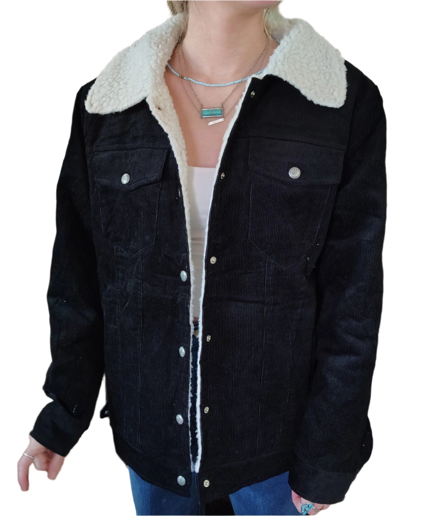 BLACK CORDUROY SHERPA LINED JACKET
