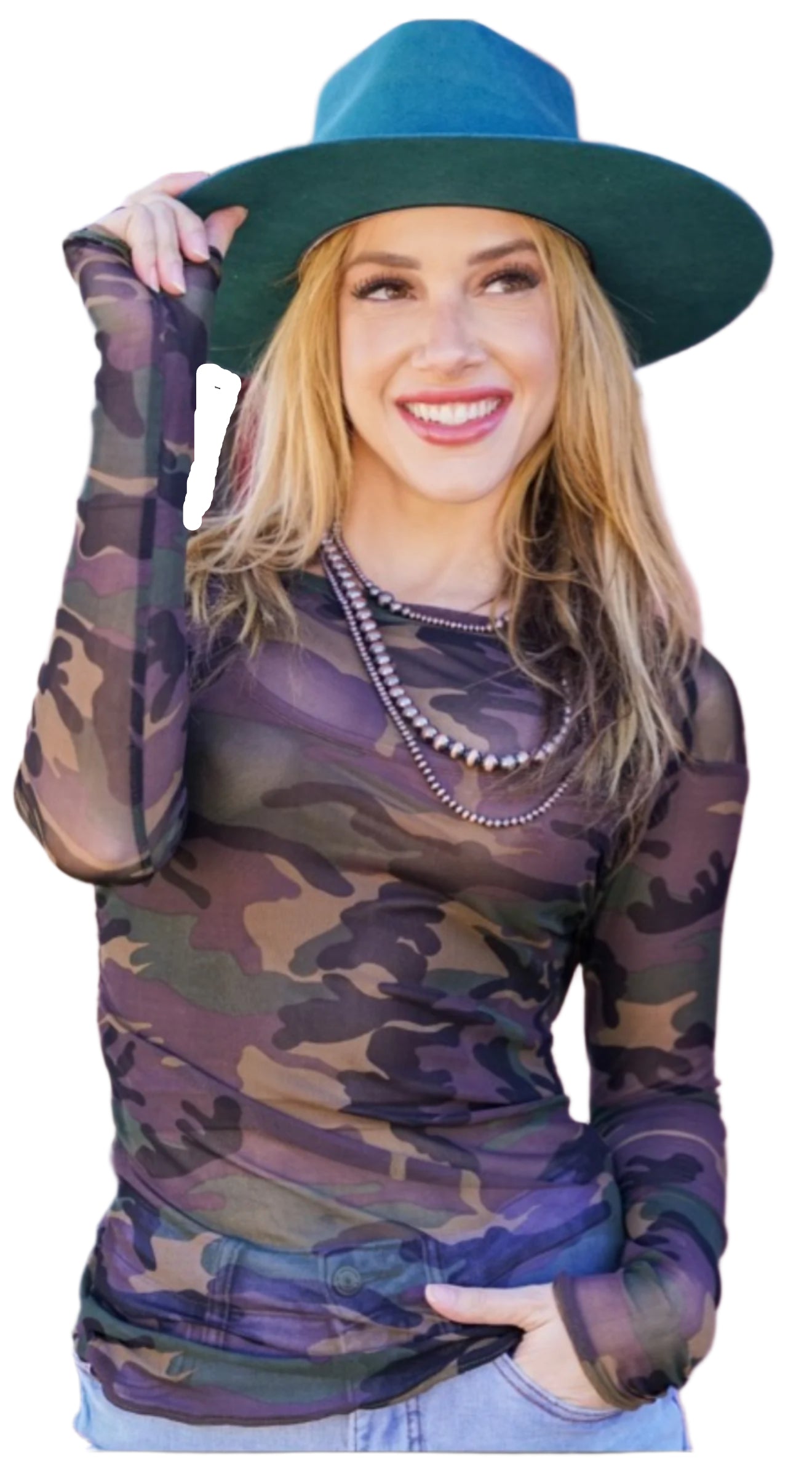 LADIES CAMO PRINT LONG SLEEVE MESH TOP