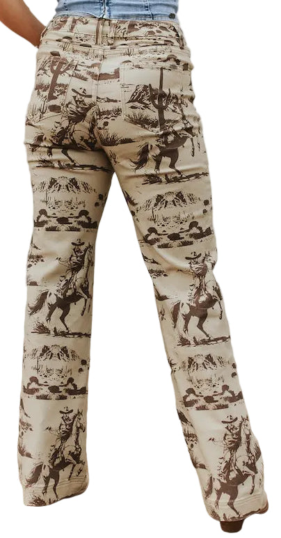 BEIGE DESERT PRINTED HIGH RISE TROUSER JEANS