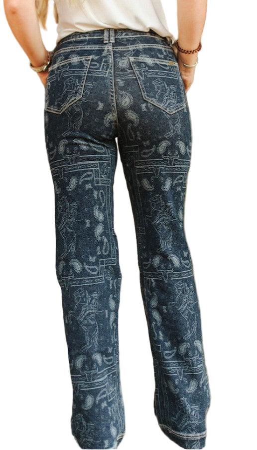 DARK WASH MID-RISE WESTERN PRINT JEANS