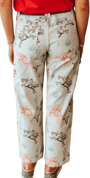 CREAM WESTERN PRINT STRETCH DENIM BARREL JEANS