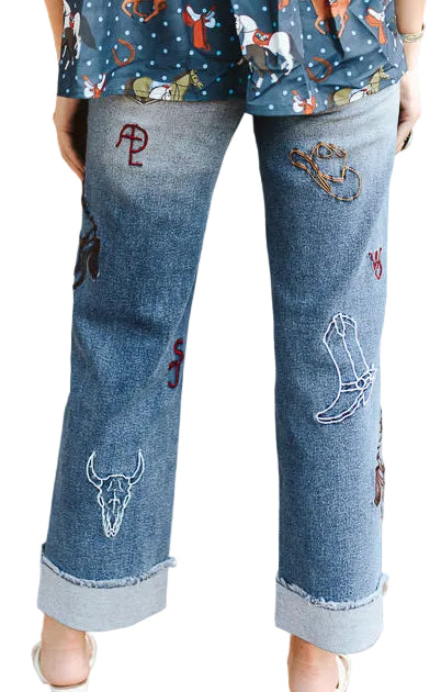 WESTERN MOTIF EMBROIDERED CUFFED BOYFRIEND JEANS