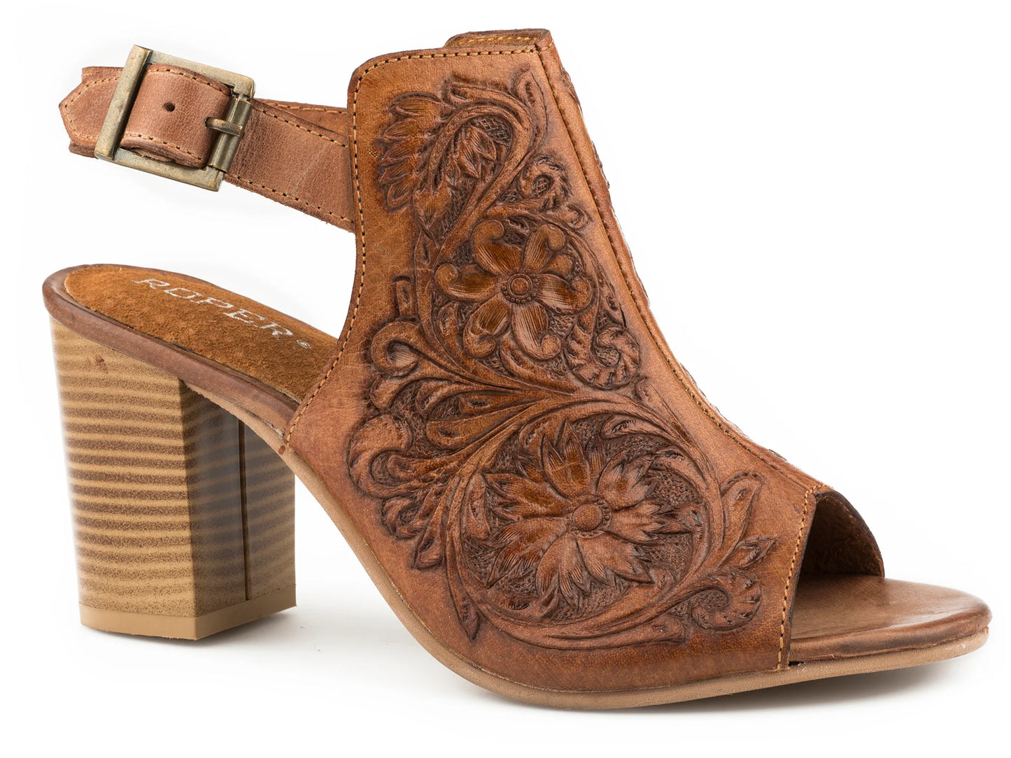 WOMEN'S ROPER TAN FLORAL TOOLED LEATHER FASHION OPEN TOE SANDAL