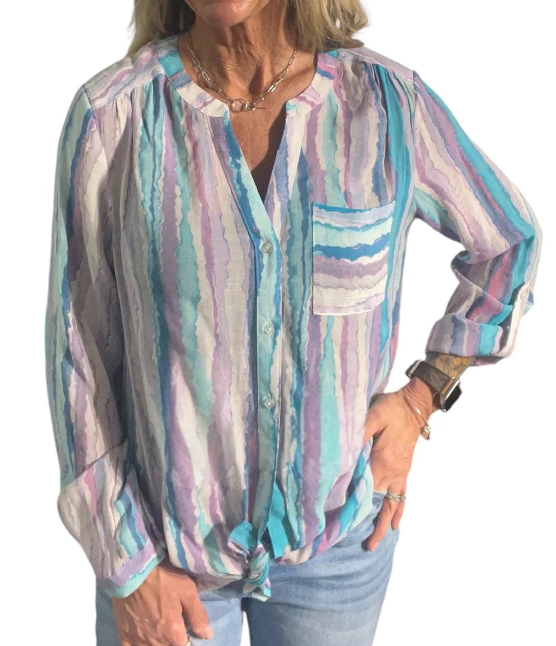 WOMEN'S PLUS SIZE LONG SLEEVE COLLARLESS BLOUSE in LAPSE ORCHID