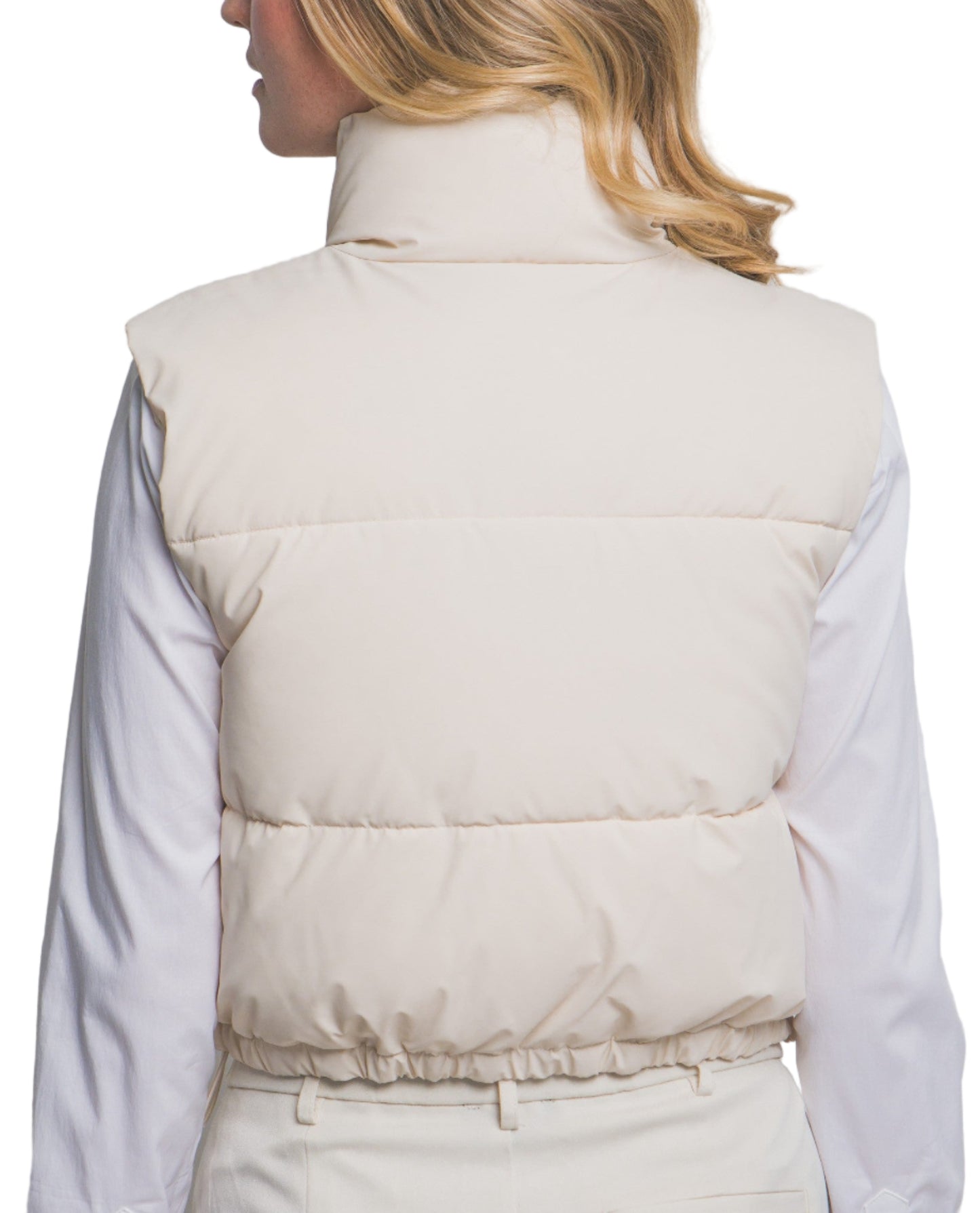 HIGH NECK CROPPED PUFFER VEST in IVORY OR TAUPE