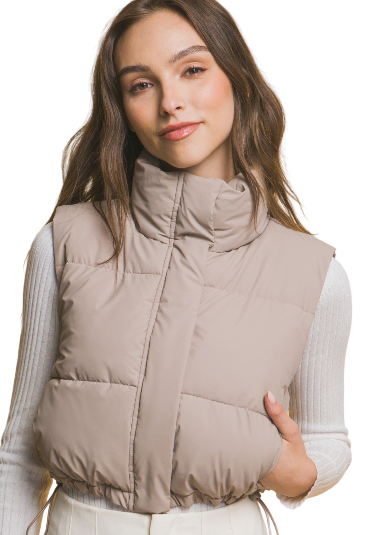 HIGH NECK CROPPED PUFFER VEST in IVORY OR TAUPE