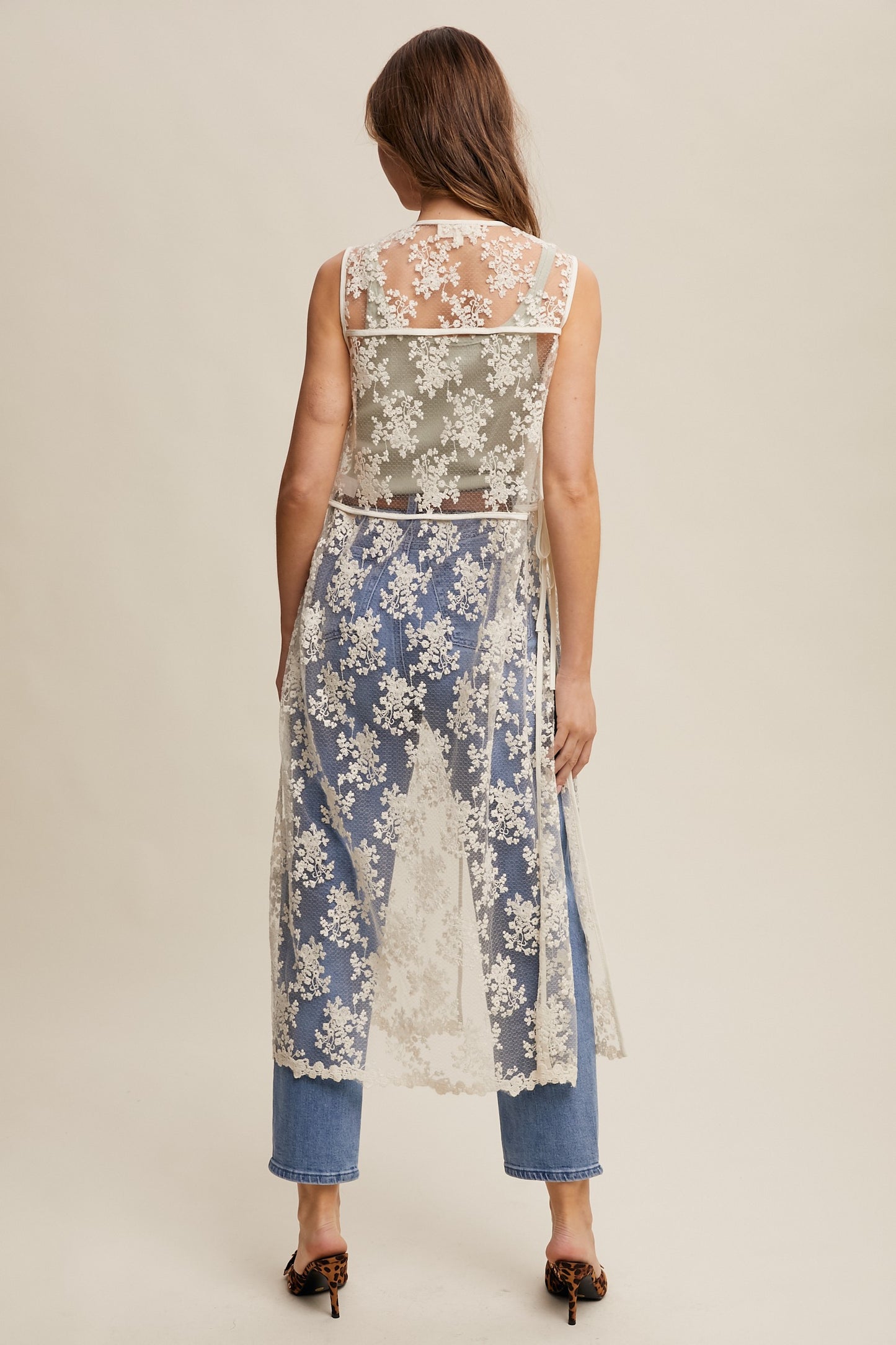 LONG SHEER FLORAL EMBROIDERED LACE VEST
