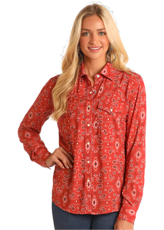 PANHANDLE SLIM LADIES' RED PAISLEY LONG SLEEVE SNAP SHIRT